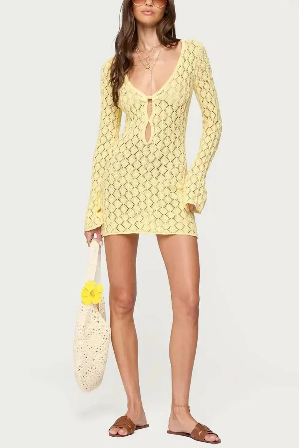 Häkelkleid Damen Sommer | Minikleid Damen V-Ausschnitt Glockenärmel | Strandkleid Damen Häkel Leicht