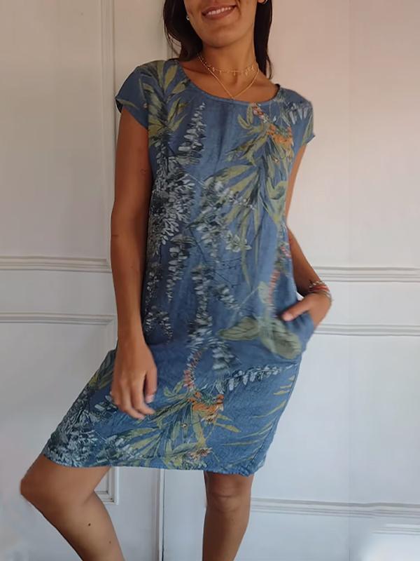 Sommerkleider Damen Midi | Freizeitkleid Damen V-Ausschnitt Taschen | Blattdruck Kleid Damen Leicht