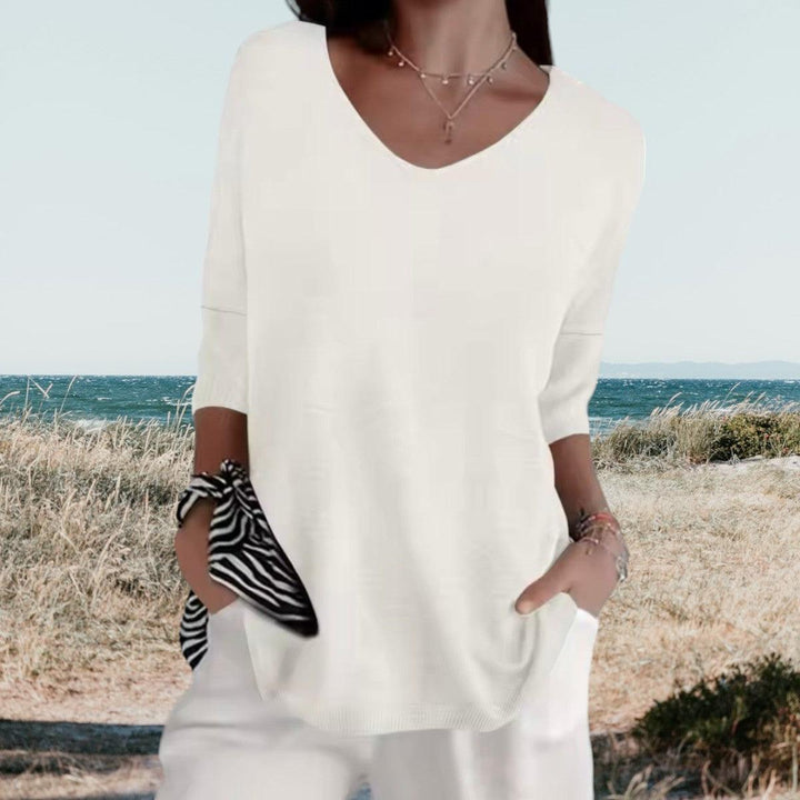 V-Neck Bluse Damen Kurzarm | Sommerbluse Damen Textur | Locker Bluse Damen Gerippte Bündchen