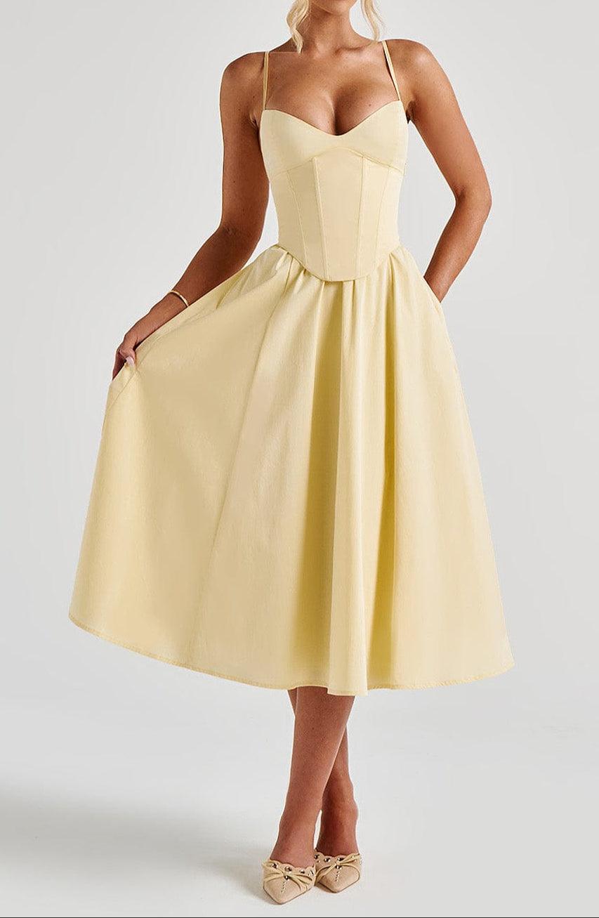 Kleid A Linie Damen Gelb | Korsettkleid Damen Midi Herzausschnitt | Hochzeitsgast Kleid Damen Taschen