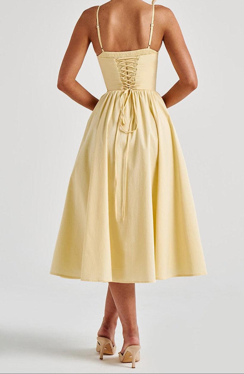 Kleid A Linie Damen Gelb | Korsettkleid Damen Midi Herzausschnitt | Hochzeitsgast Kleid Damen Taschen