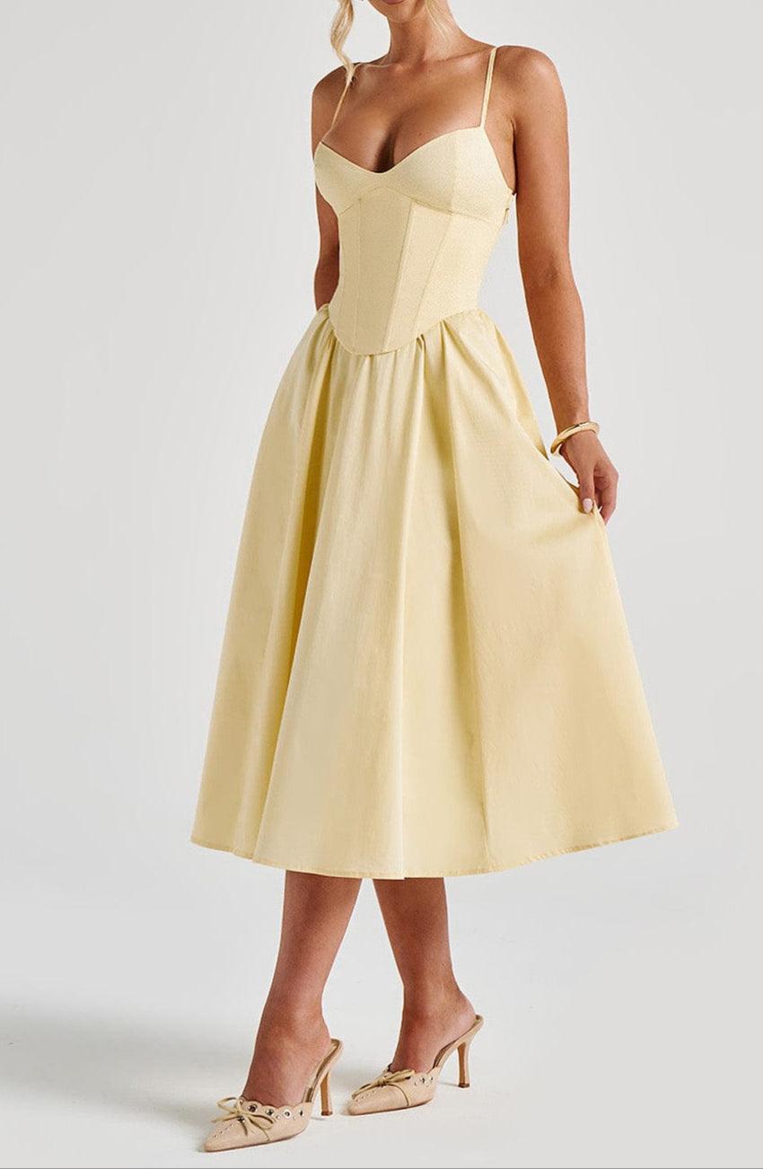 Kleid A Linie Damen Gelb | Korsettkleid Damen Midi Herzausschnitt | Hochzeitsgast Kleid Damen Taschen
