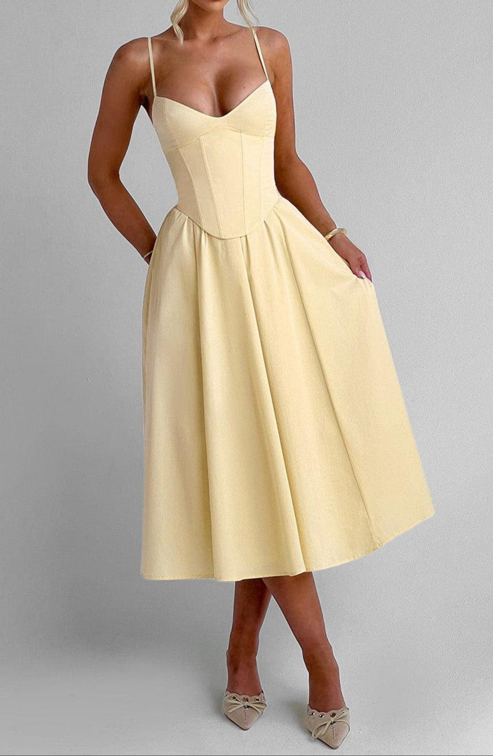 Kleid A Linie Damen Gelb | Korsettkleid Damen Midi Herzausschnitt | Hochzeitsgast Kleid Damen Taschen