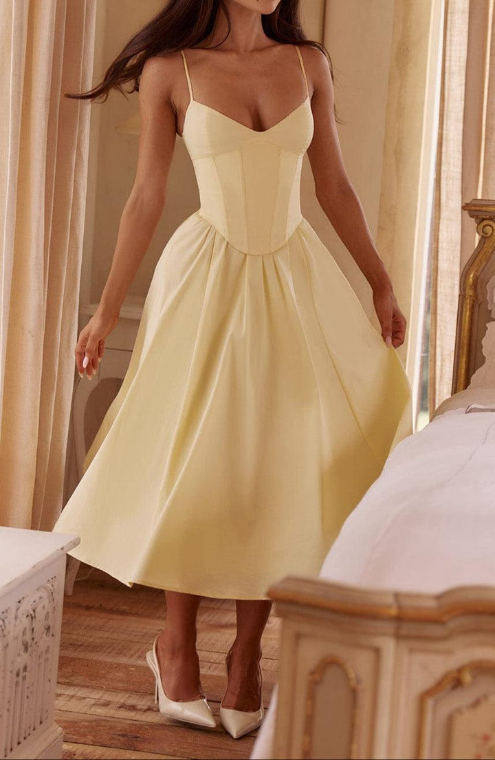 Kleid A Linie Damen Gelb | Korsettkleid Damen Midi Herzausschnitt | Hochzeitsgast Kleid Damen Taschen