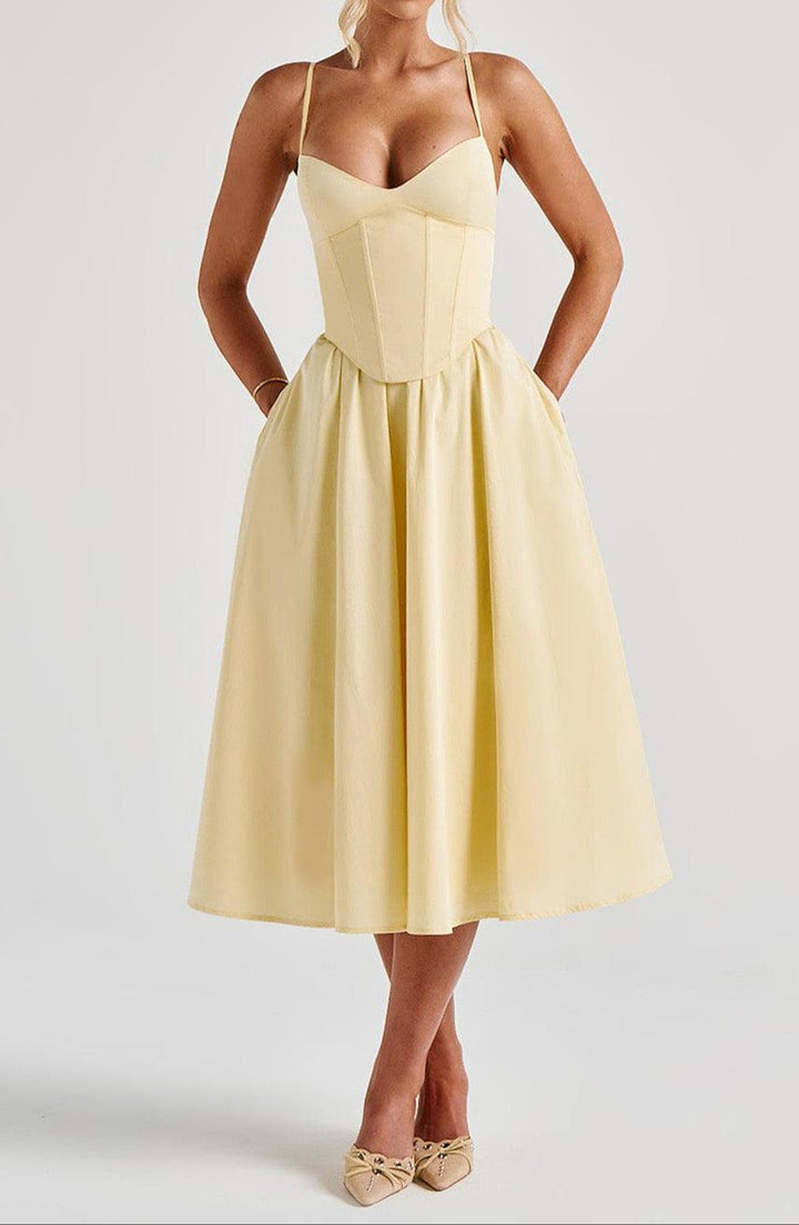 Kleid A Linie Damen Gelb | Korsettkleid Damen Midi Herzausschnitt | Hochzeitsgast Kleid Damen Taschen