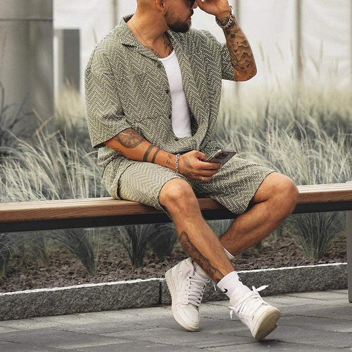 Herren Set Hemd Shorts Chevron | Zweiteiler Sommer Männer | Kurzarmhemd mit Bermuda Shorts