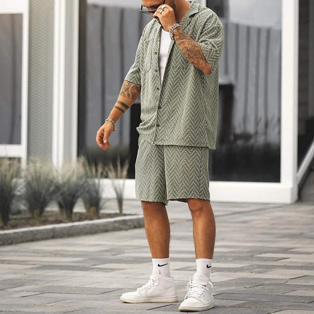 Herren Set Hemd Shorts Chevron | Zweiteiler Sommer Männer | Kurzarmhemd mit Bermuda Shorts