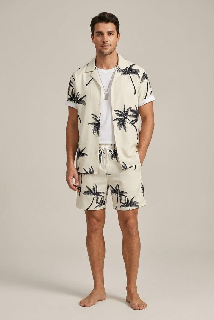 Herren Set Palmenprint Resort | Zweiteiler Hemd Shorts Tropisch | Urlaubsoutfit Sommer Strand
