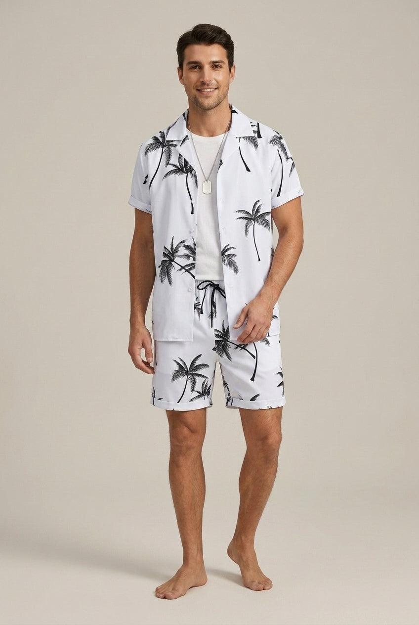 Herren Set Palmenprint Resort | Zweiteiler Hemd Shorts Tropisch | Urlaubsoutfit Sommer Strand