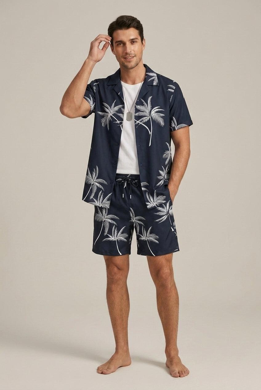 Herren Set Palmenprint Resort | Zweiteiler Hemd Shorts Tropisch | Urlaubsoutfit Sommer Strand