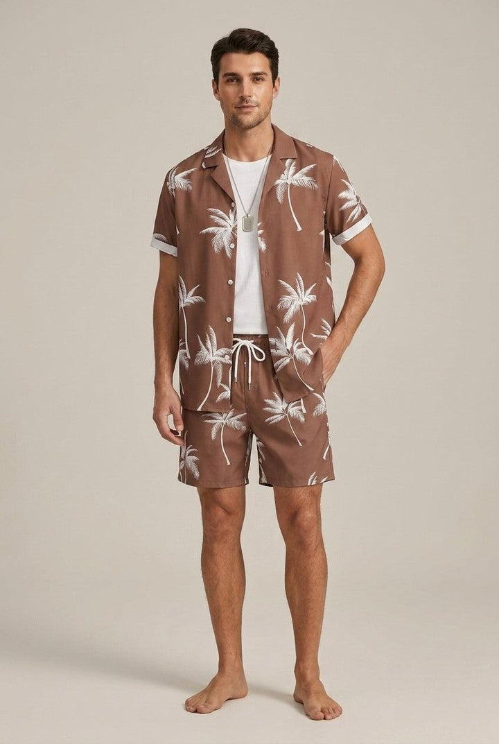 Herren Set Palmenprint Resort | Zweiteiler Hemd Shorts Tropisch | Urlaubsoutfit Sommer Strand