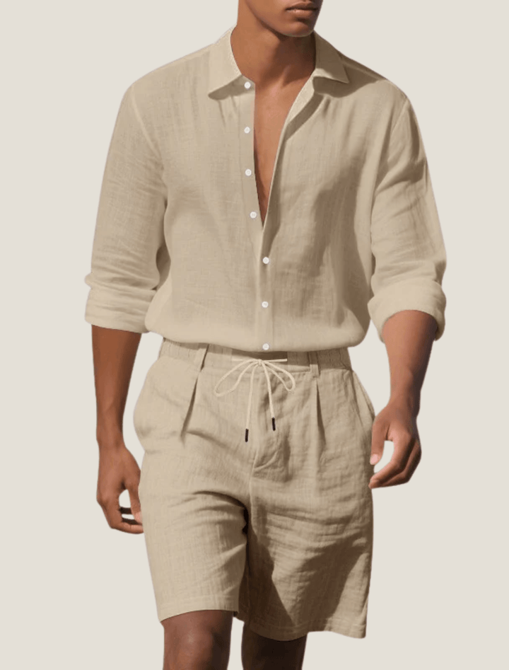 Herren Set Strandhemd Leinen | Zweiteiler Langarm Shorts | Beachwear Set Leicht Elegant