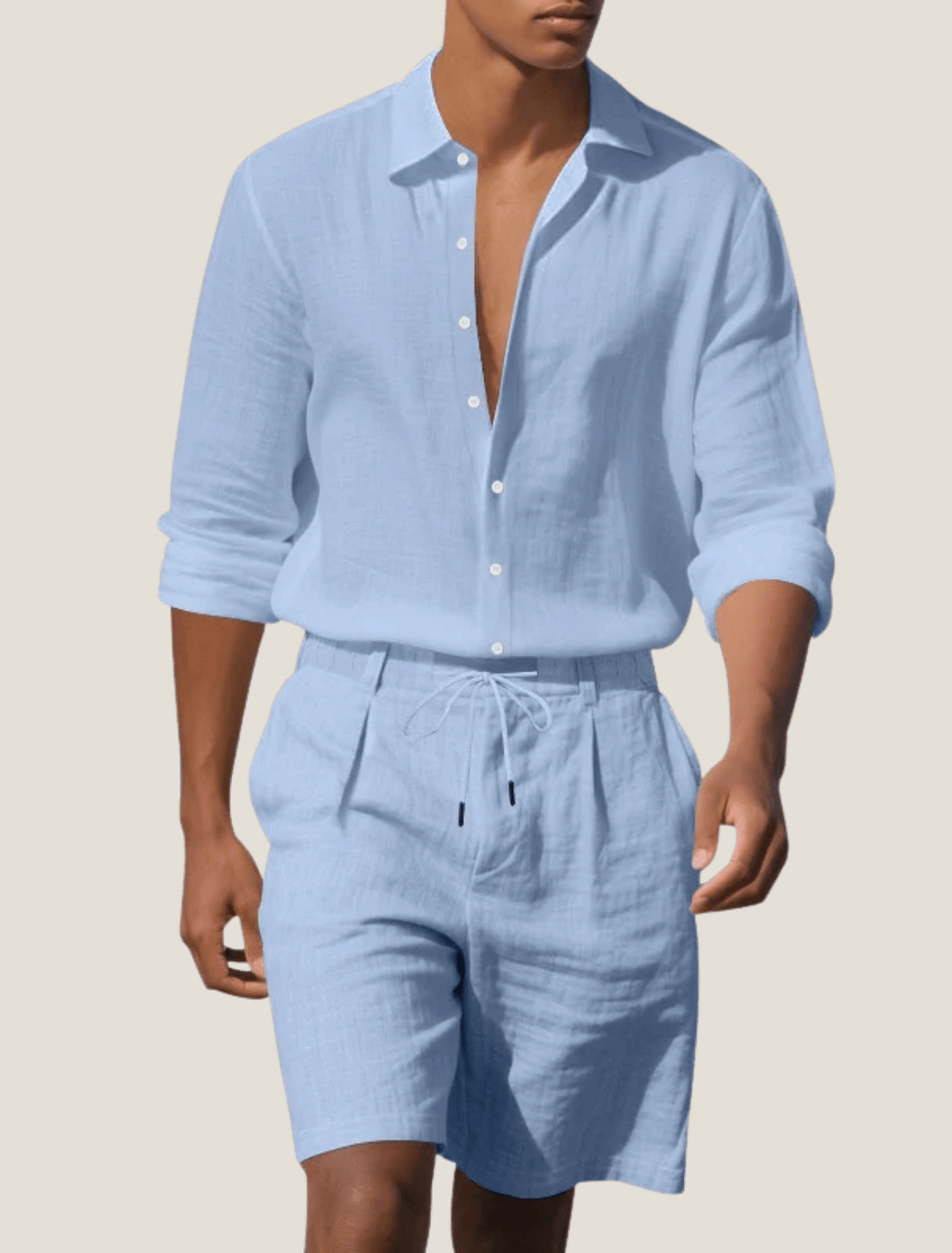 Herren Set Strandhemd Leinen | Zweiteiler Langarm Shorts | Beachwear Set Leicht Elegant