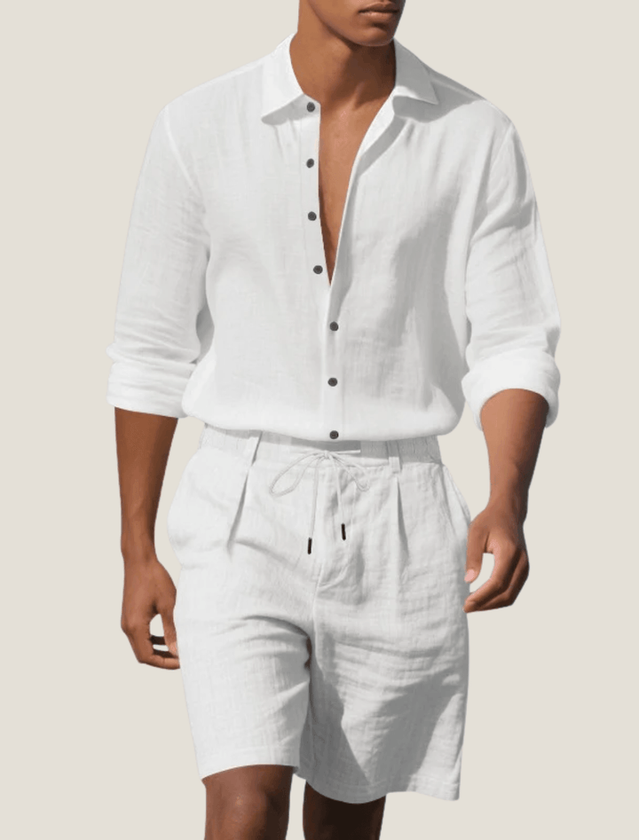 Herren Set Strandhemd Leinen | Zweiteiler Langarm Shorts | Beachwear Set Leicht Elegant