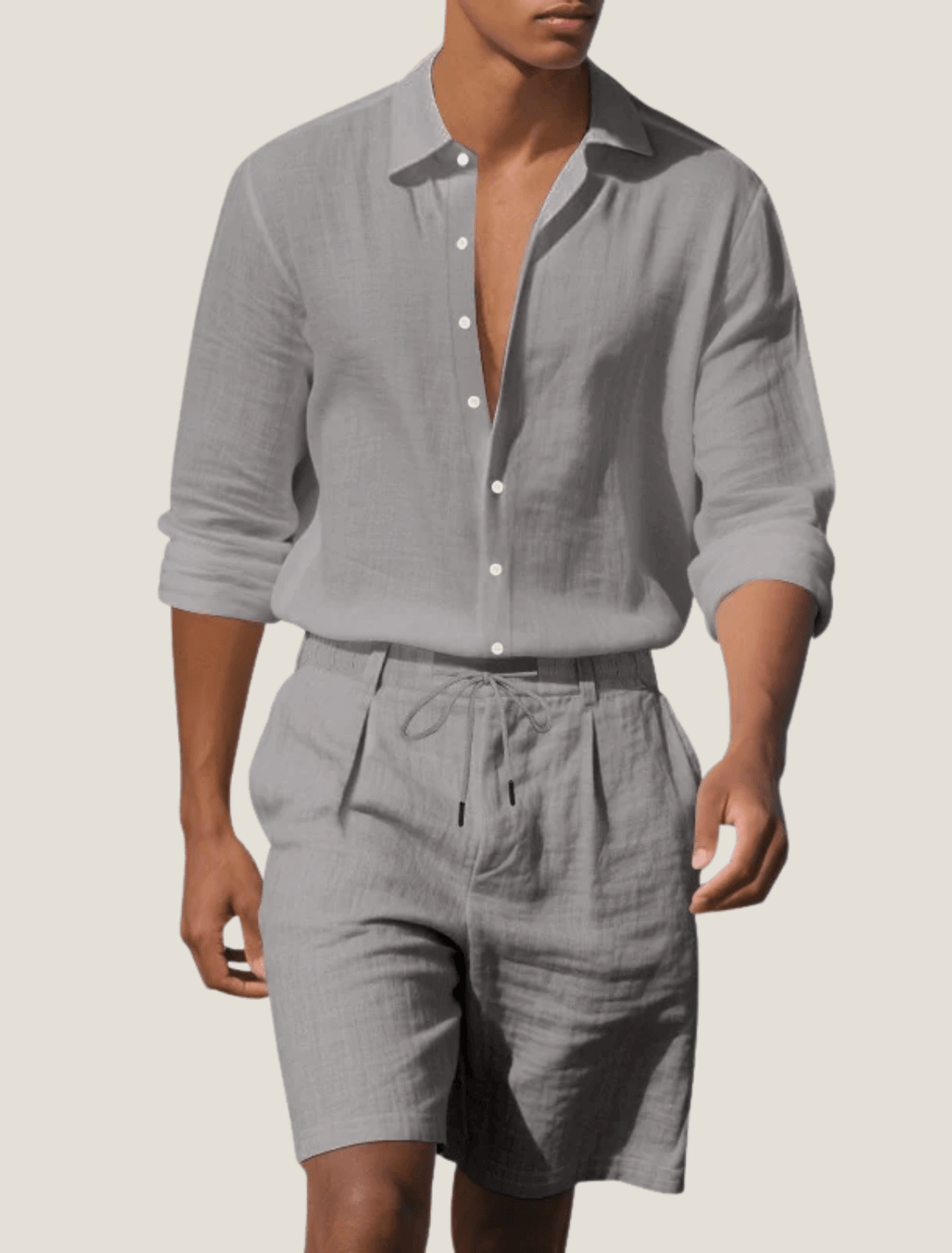Herren Set Strandhemd Leinen | Zweiteiler Langarm Shorts | Beachwear Set Leicht Elegant