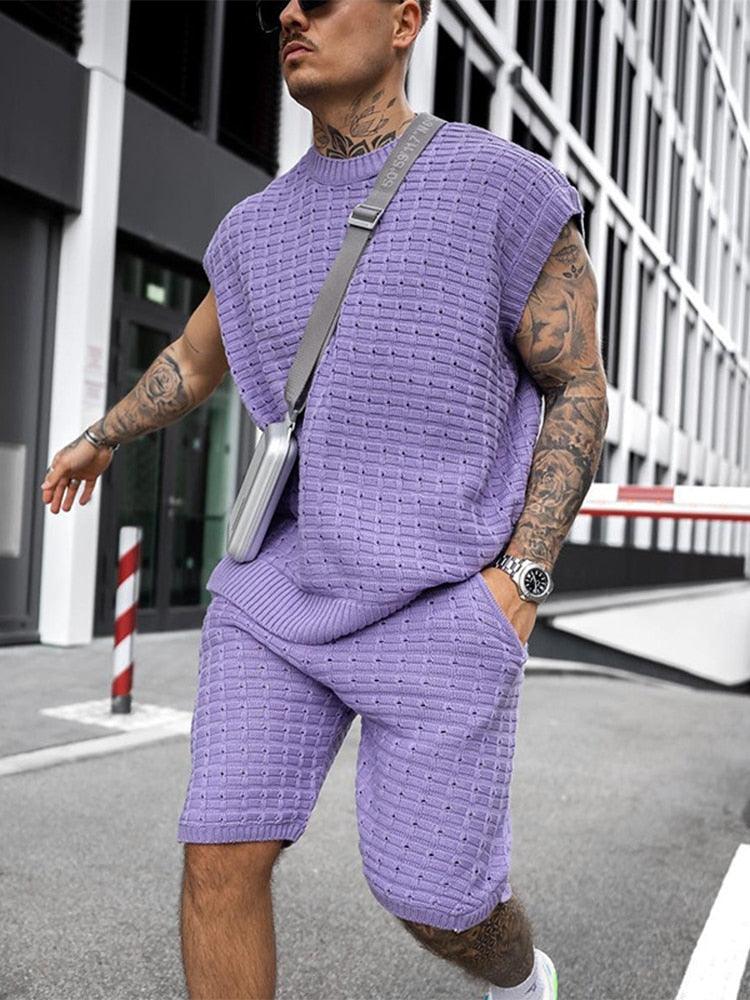 Herren Set Strick Ärmellos | Zweiteiler Shorts Rundhals | Sommerset Strick Locker
