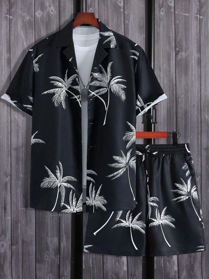 Herren Set Tropisch Kurzarm | Zweiteiler Resort Shorts | Palmenprint Sommeroutfit Strand