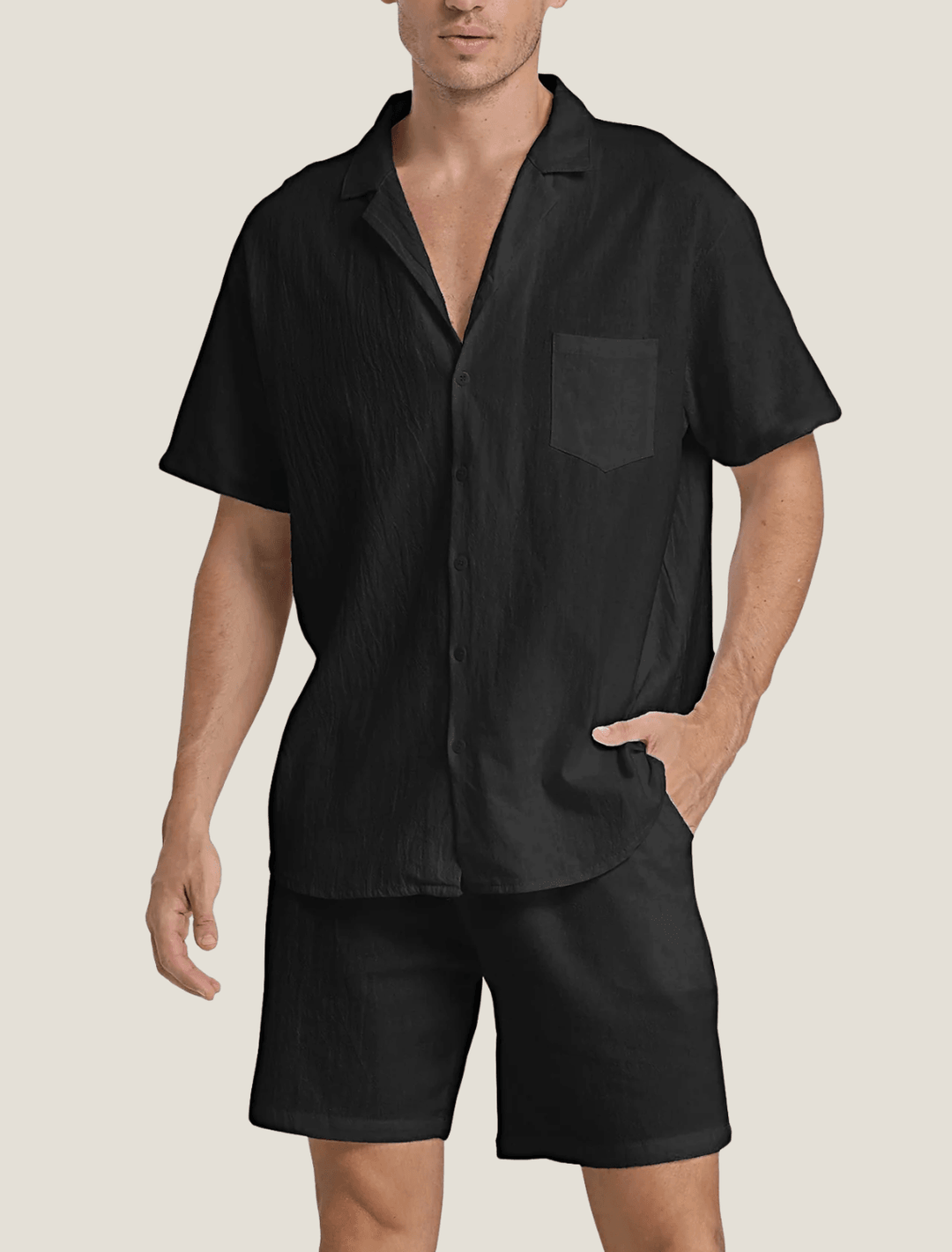 Herren Set Hemd Tasche Shorts | Sommer Zweiteiler Männer Locker | Freizeitoutfit Knopfhemd Bund