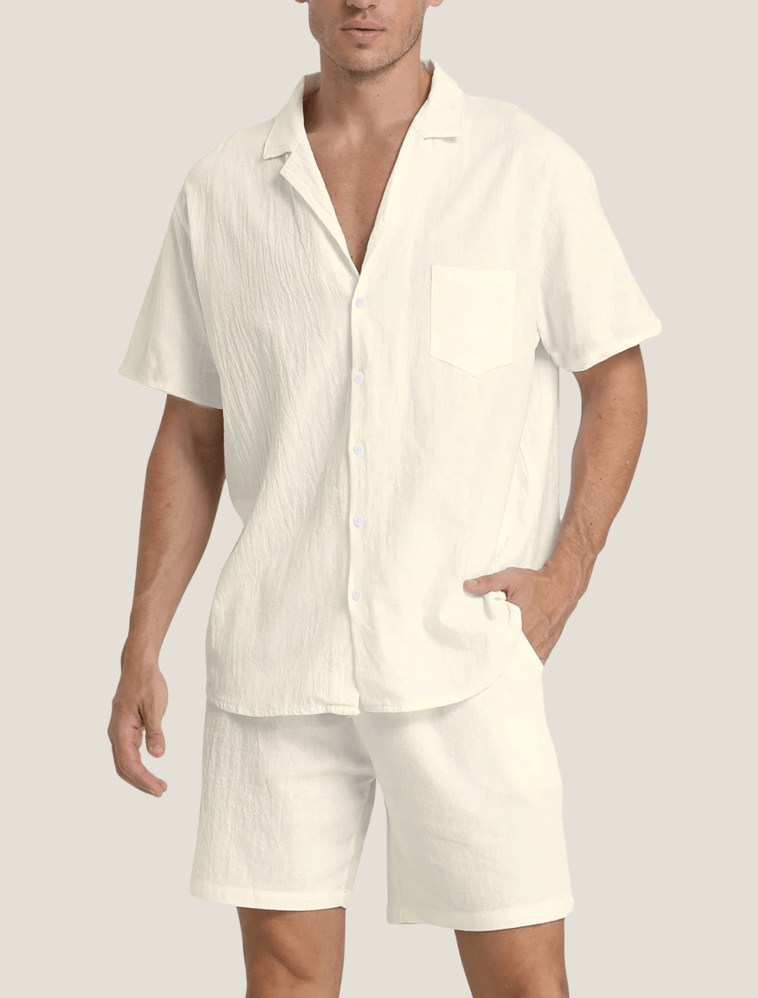 Herren Set Hemd Tasche Shorts | Sommer Zweiteiler Männer Locker | Freizeitoutfit Knopfhemd Bund