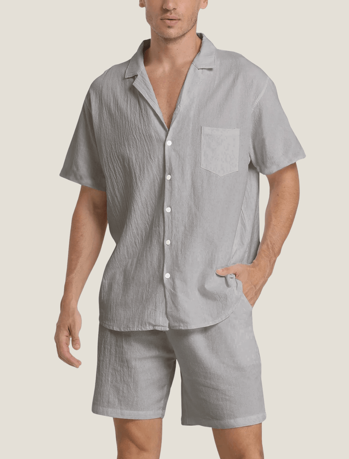 Herren Set Hemd Tasche Shorts | Sommer Zweiteiler Männer Locker | Freizeitoutfit Knopfhemd Bund