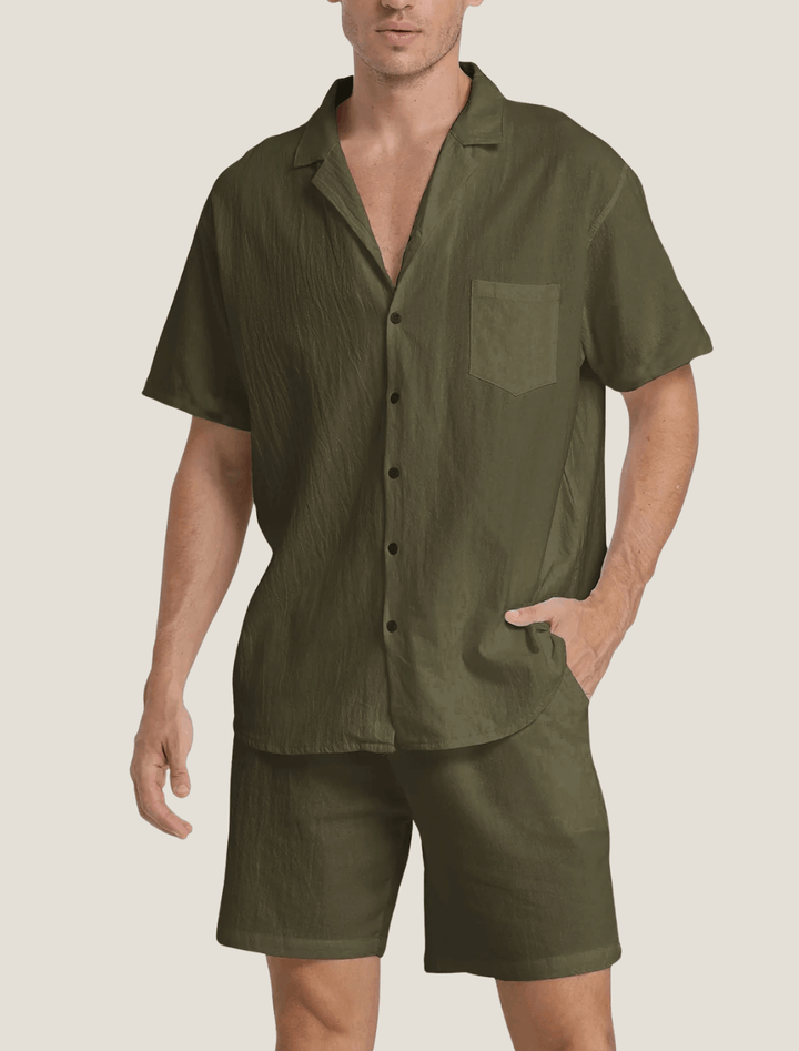 Herren Set Hemd Tasche Shorts | Sommer Zweiteiler Männer Locker | Freizeitoutfit Knopfhemd Bund