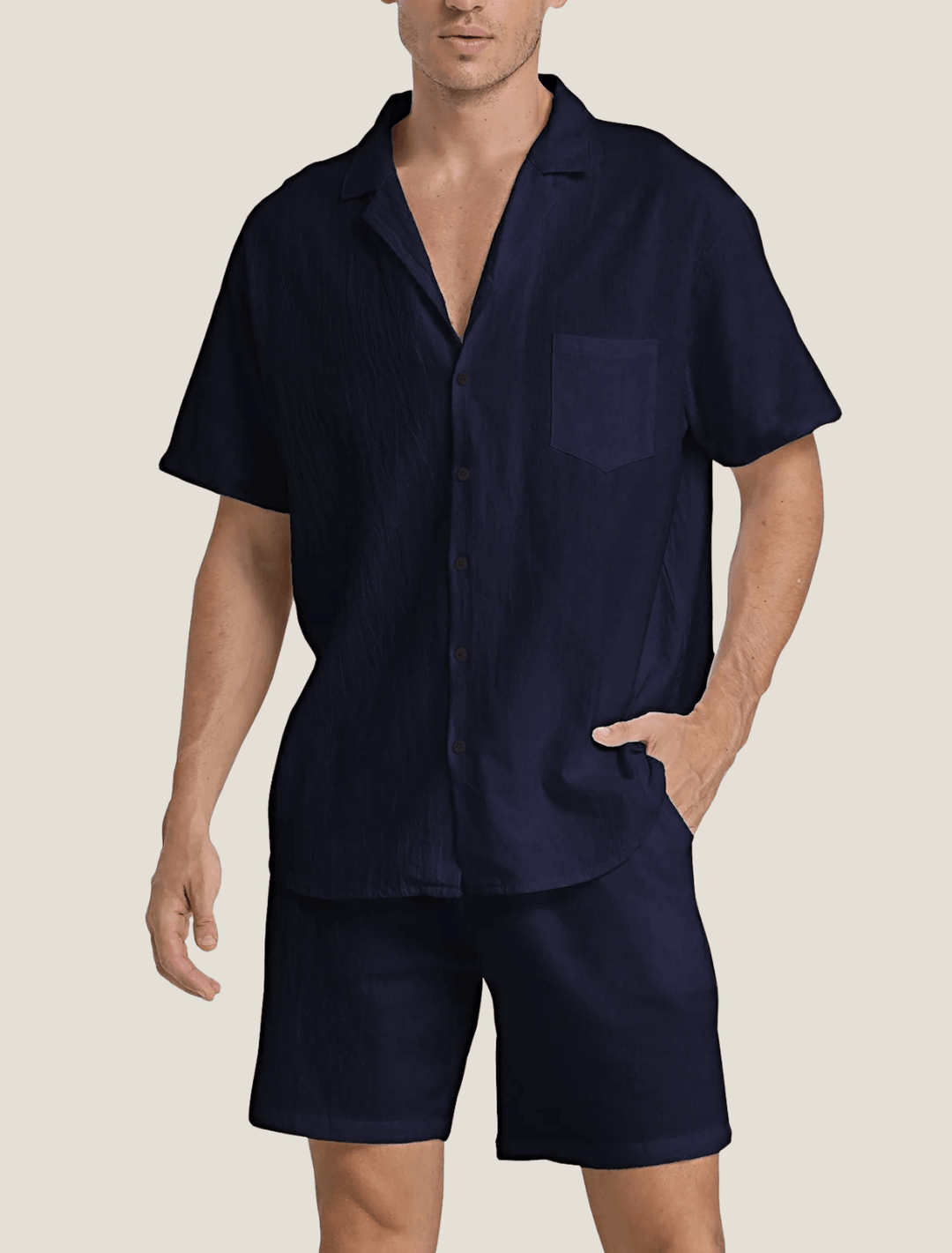 Herren Set Hemd Tasche Shorts | Sommer Zweiteiler Männer Locker | Freizeitoutfit Knopfhemd Bund