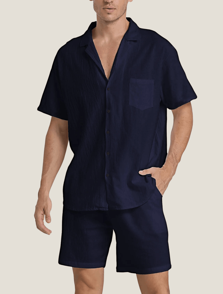 Herren Set Hemd Tasche Shorts | Sommer Zweiteiler Männer Locker | Freizeitoutfit Knopfhemd Bund