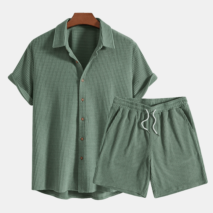 Herren Set Kurzarmhemd Shorts Sommer | Zweiteiler Herren Matching Set Kordelzug | Herrenoutfit Strand Lässig Koordiniert