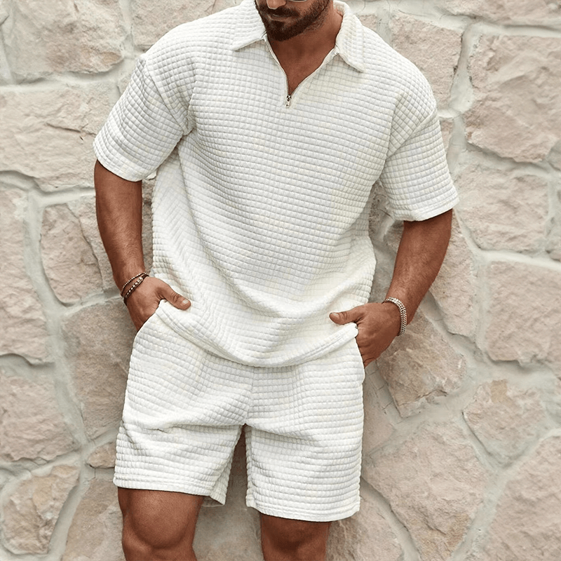 Herren Set Polo Shorts Strick | Zweiteiler Quarter Zip Sommer | Poloshirt mit Shorts Waffelstrick