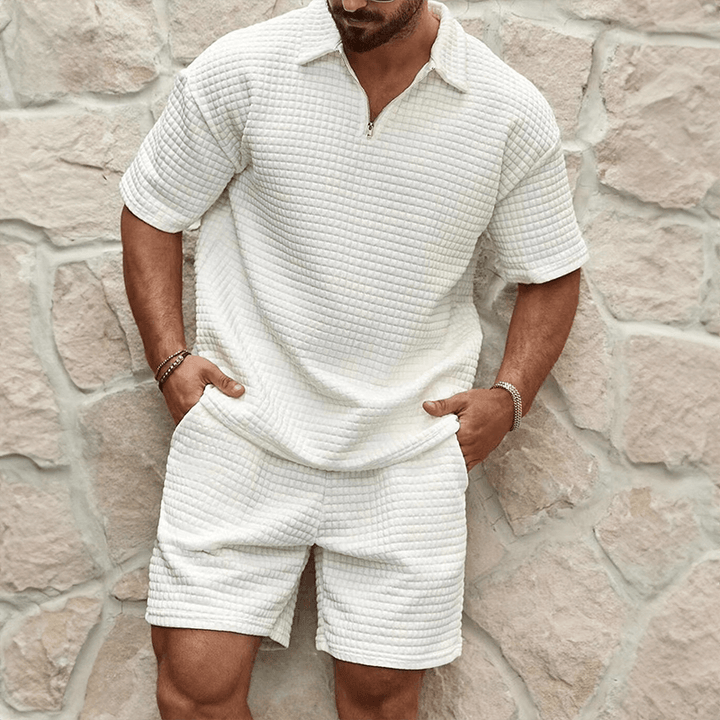 Herren Set Polo Shorts Strick | Zweiteiler Quarter Zip Sommer | Poloshirt mit Shorts Waffelstrick