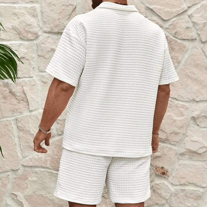 Herren Set Polo Shorts Strick | Zweiteiler Quarter Zip Sommer | Poloshirt mit Shorts Waffelstrick