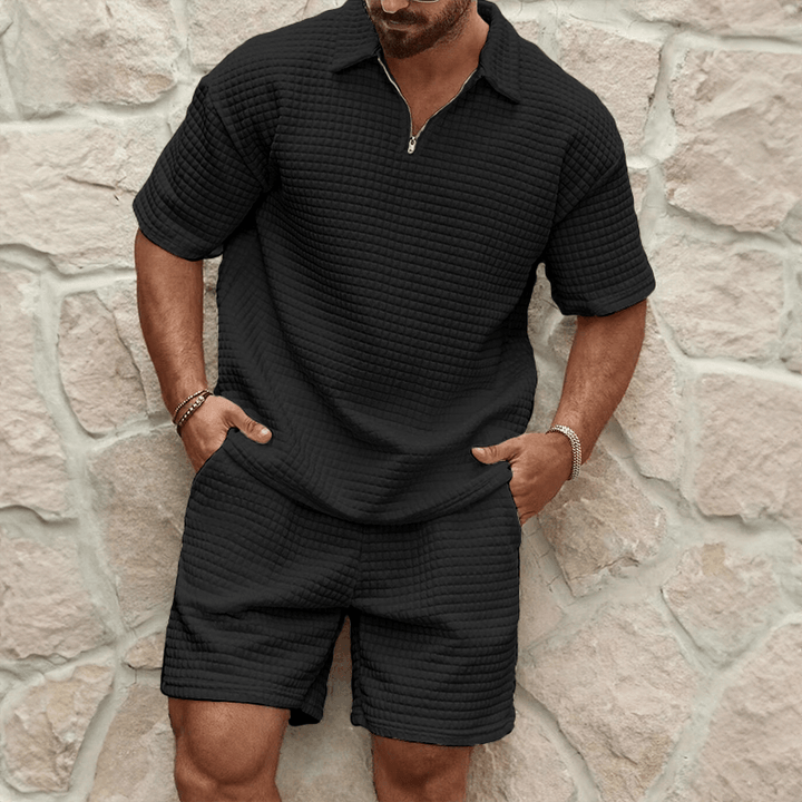 Herren Set Polo Shorts Strick | Zweiteiler Quarter Zip Sommer | Poloshirt mit Shorts Waffelstrick