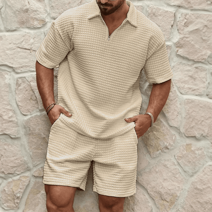 Herren Set Polo Shorts Strick | Zweiteiler Quarter Zip Sommer | Poloshirt mit Shorts Waffelstrick