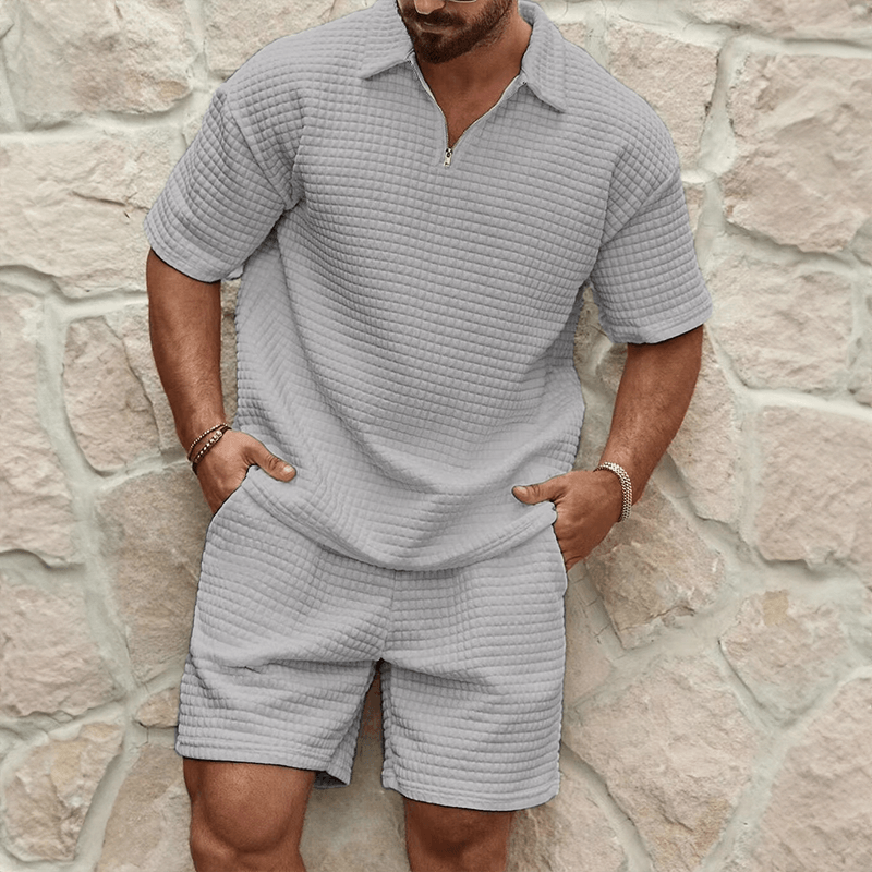 Herren Set Polo Shorts Strick | Zweiteiler Quarter Zip Sommer | Poloshirt mit Shorts Waffelstrick