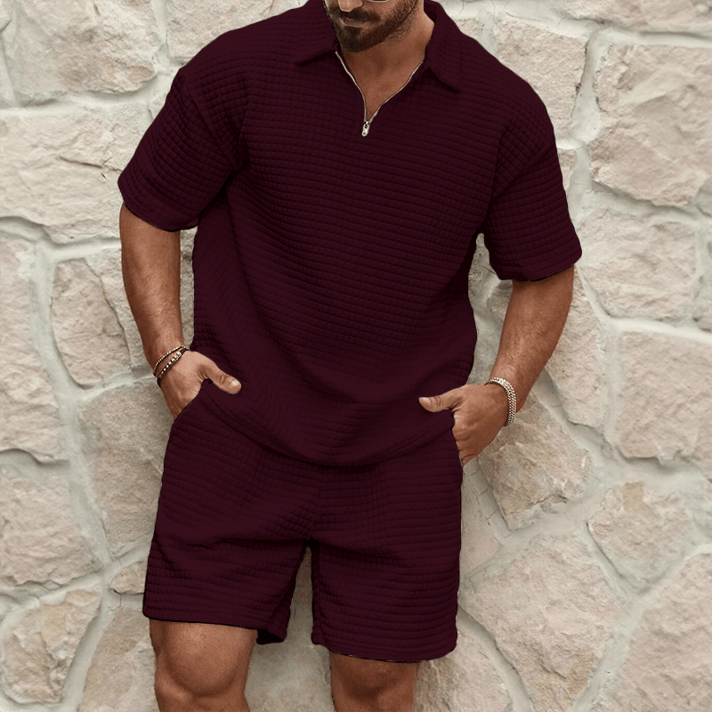 Herren Set Polo Shorts Strick | Zweiteiler Quarter Zip Sommer | Poloshirt mit Shorts Waffelstrick