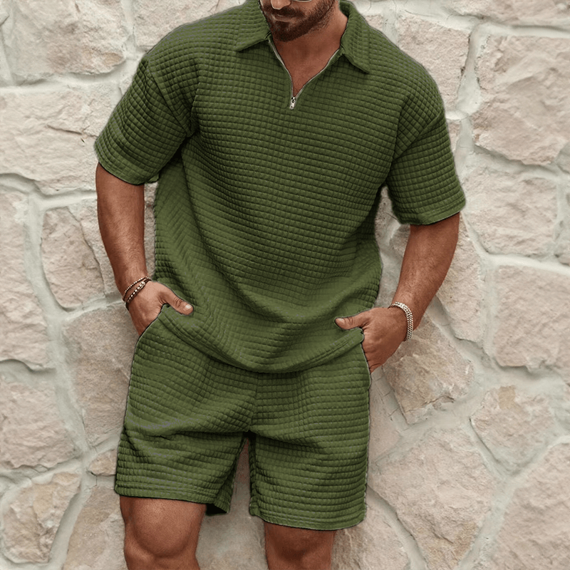 Herren Set Polo Shorts Strick | Zweiteiler Quarter Zip Sommer | Poloshirt mit Shorts Waffelstrick