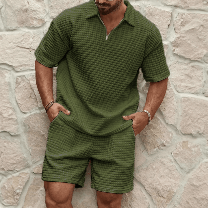 Herren Set Polo Shorts Strick | Zweiteiler Quarter Zip Sommer | Poloshirt mit Shorts Waffelstrick