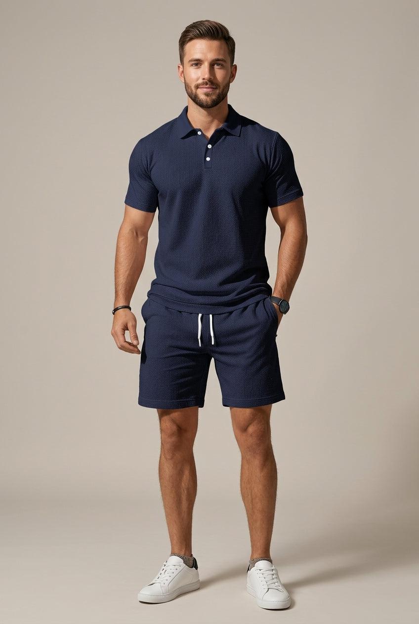 Herren Set Polo Textur | Zweiteiler Shorts Kordelzug | Sommerset Poloshirt Spitzkragen