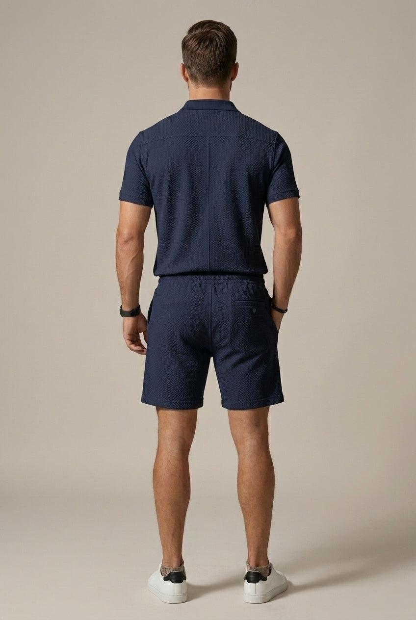 Herren Set Polo Textur | Zweiteiler Shorts Kordelzug | Sommerset Poloshirt Spitzkragen