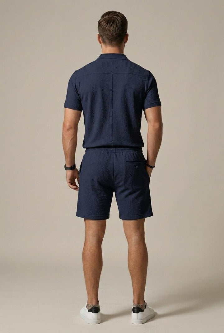 Herren Set Polo Textur | Zweiteiler Shorts Kordelzug | Sommerset Poloshirt Spitzkragen