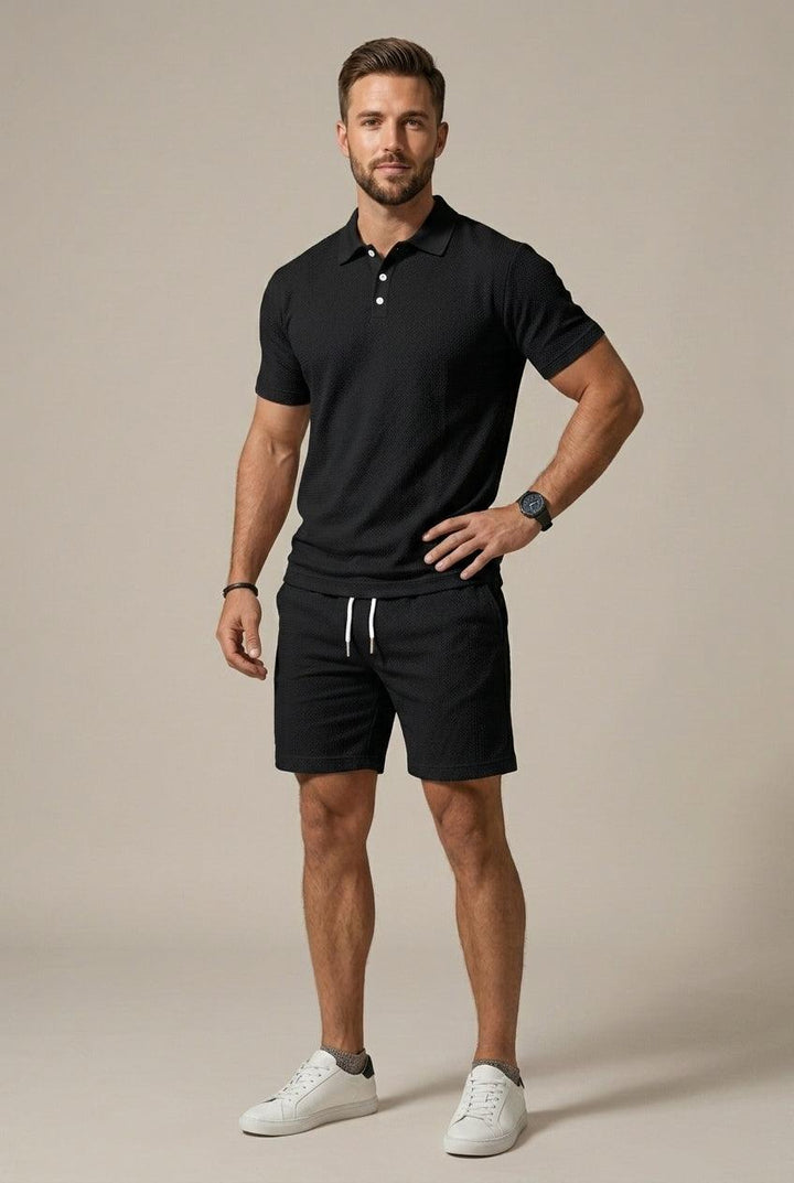Herren Set Polo Textur | Zweiteiler Shorts Kordelzug | Sommerset Poloshirt Spitzkragen