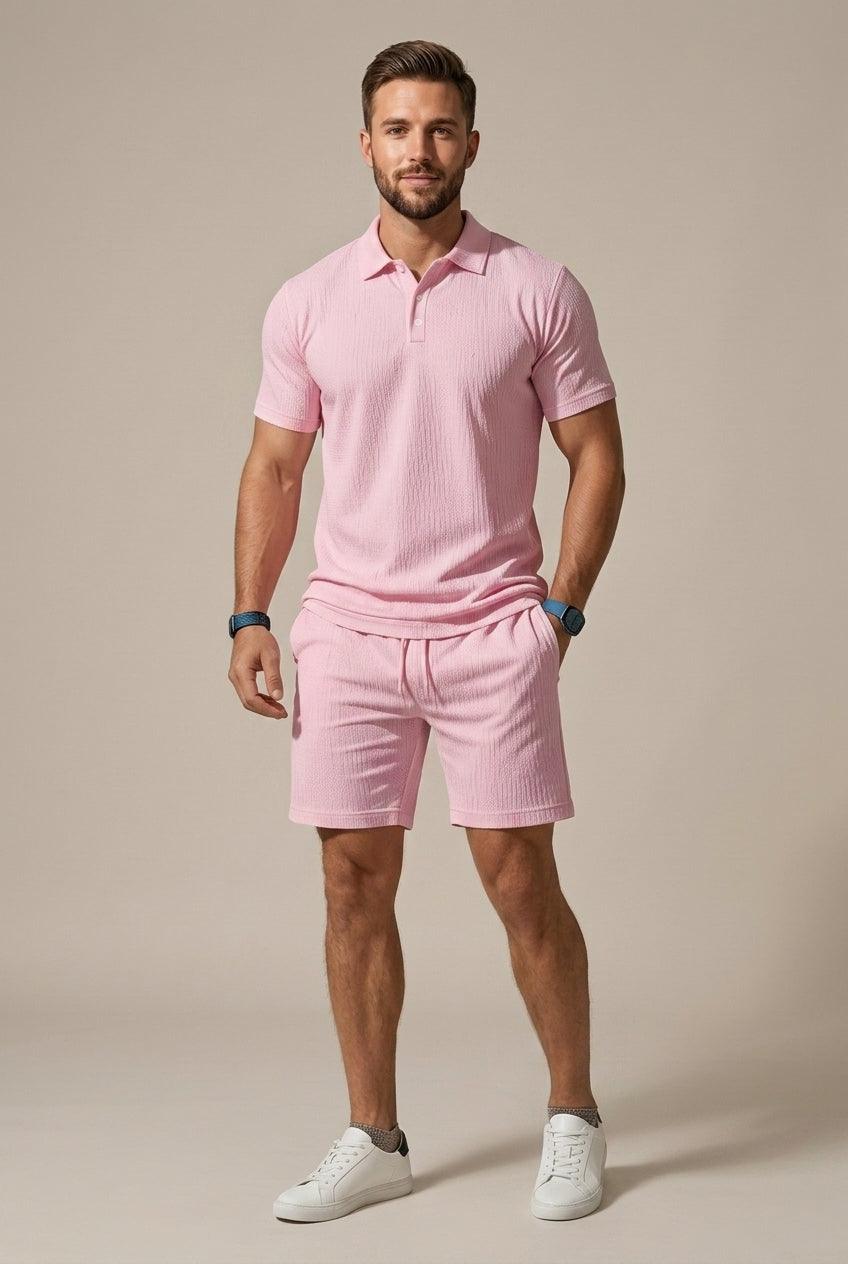 Herren Set Polo Textur | Zweiteiler Shorts Kordelzug | Sommerset Poloshirt Spitzkragen