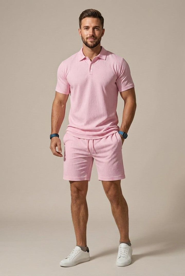 Herren Set Polo Textur | Zweiteiler Shorts Kordelzug | Sommerset Poloshirt Spitzkragen