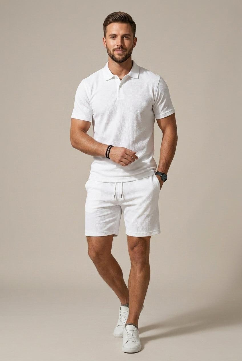 Herren Set Polo Textur | Zweiteiler Shorts Kordelzug | Sommerset Poloshirt Spitzkragen