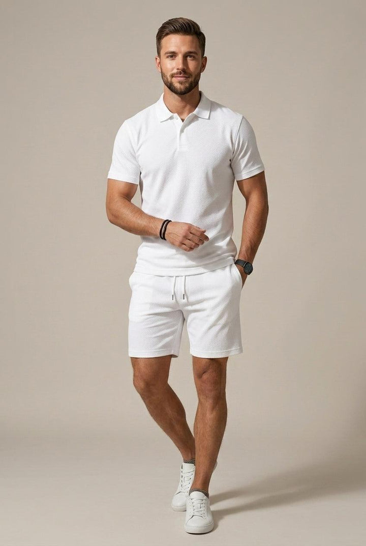 Herren Set Polo Textur | Zweiteiler Shorts Kordelzug | Sommerset Poloshirt Spitzkragen