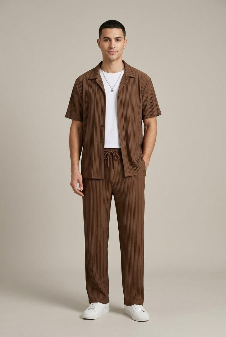 Herren Set Streifen Hose | Zweiteiler Hemd Sommer Elegant | Sommeroutfit Struktur Taillierte Hose