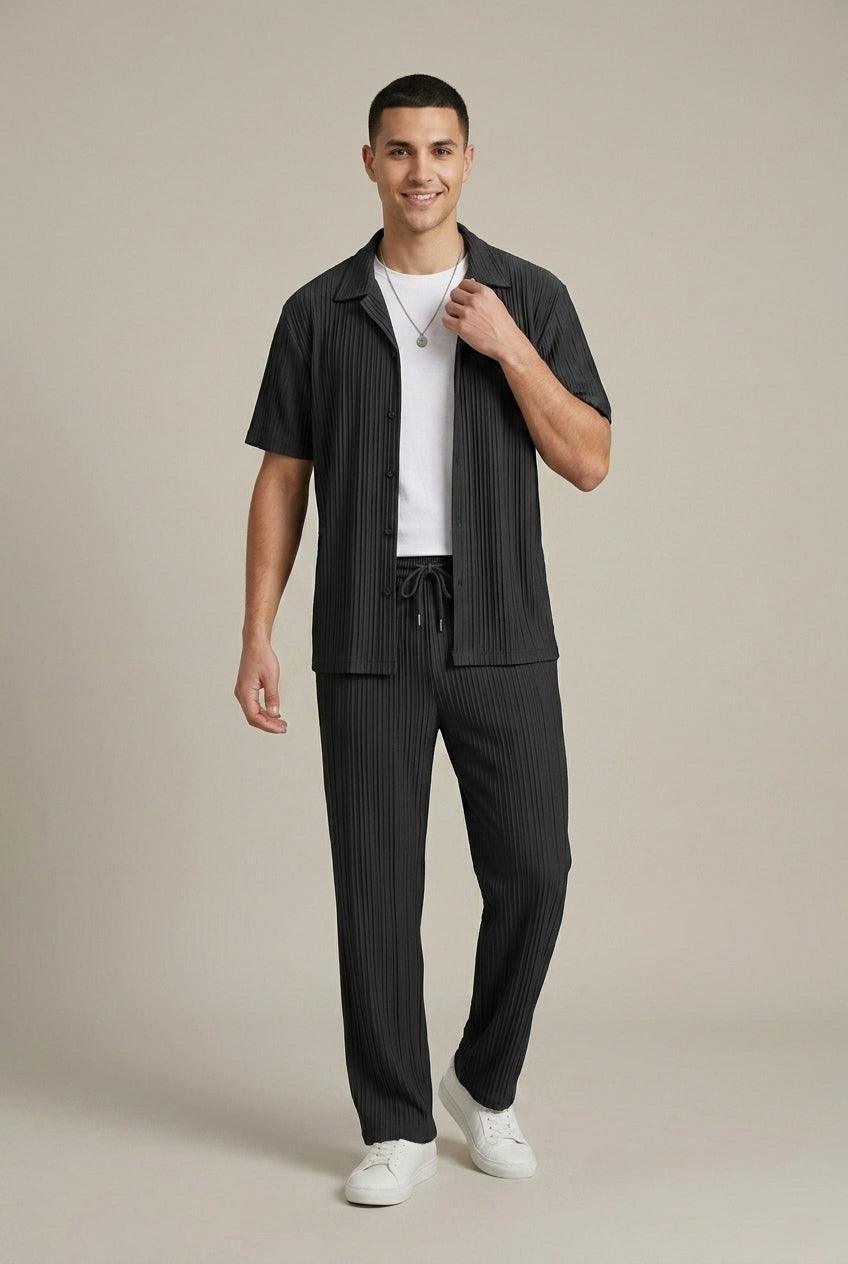 Herren Set Streifen Hose | Zweiteiler Hemd Sommer Elegant | Sommeroutfit Struktur Taillierte Hose