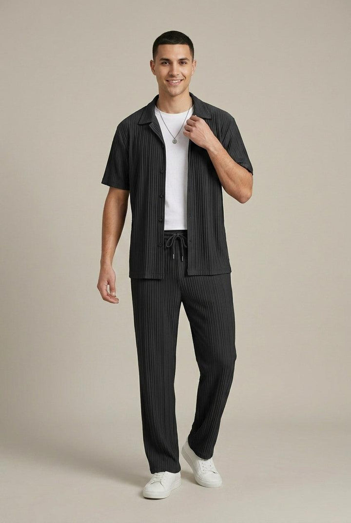 Herren Set Streifen Hose | Zweiteiler Hemd Sommer Elegant | Sommeroutfit Struktur Taillierte Hose