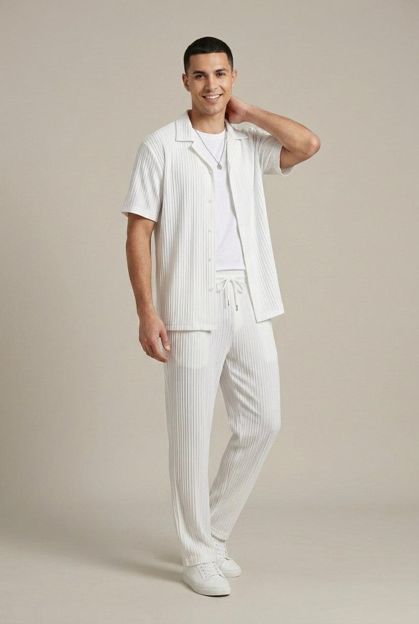 Herren Set Streifen Hose | Zweiteiler Hemd Sommer Elegant | Sommeroutfit Struktur Taillierte Hose