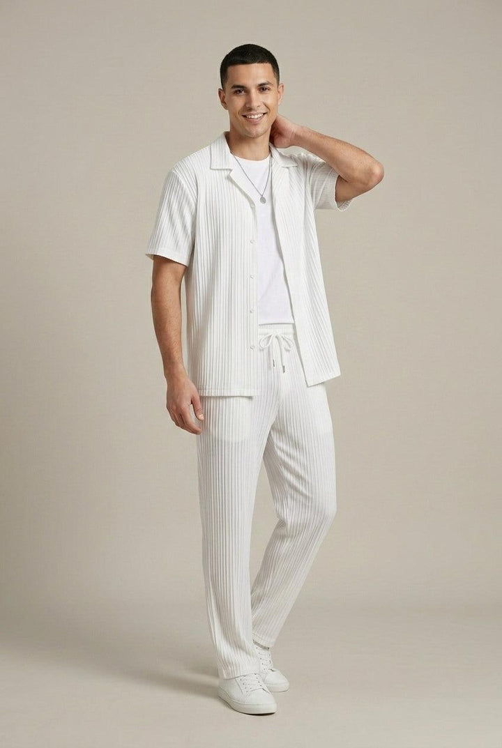 Herren Set Streifen Hose | Zweiteiler Hemd Sommer Elegant | Sommeroutfit Struktur Taillierte Hose